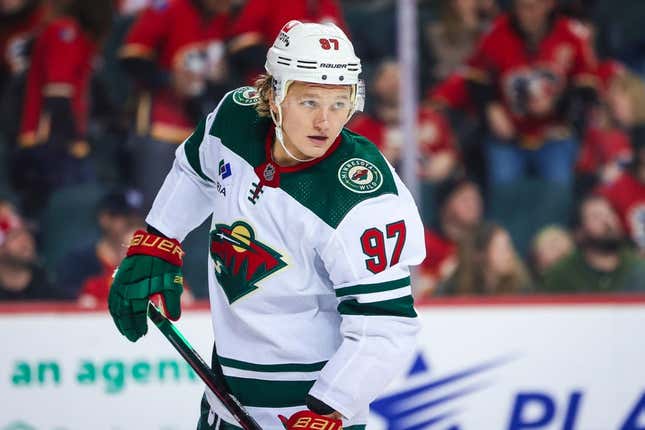 Mar 4, 2023; Calgary, Alberta, CAN; Minnesota Wild left wing Kirill Kaprizov (97) during the third period against the Calgary Flames at Scotiabank Saddledome.
