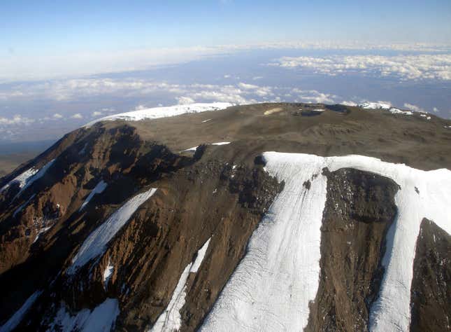 The disappearing ice at the top of Mt. Kilimanjaro is blamed on global warming.