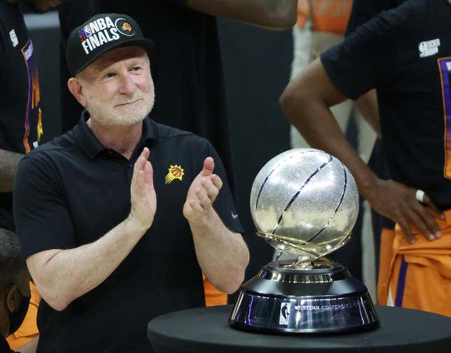 Owner Robert Sarver stands with the Western Conference Championship trophy after the Suns beat the LA Clippers to win the series in Game Six of the Western Conference Finals at Staples Center on June 30, 2021 in Los Angeles, California. 
