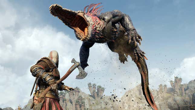 A screenshot from God of War Ragnarok depicting Kratos fighting a big alligator-looking beast.