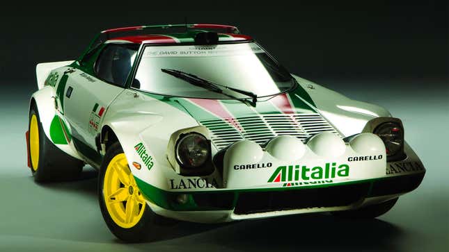 A photo of a Lancia Stratos rally car in the Alitaia livery. 