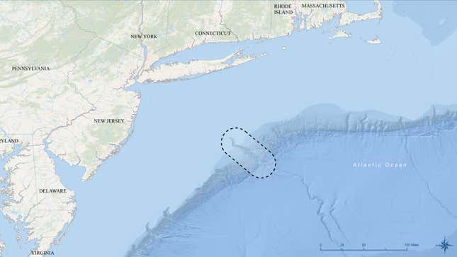 The Hudson Canyon is located about 100 miles (160 kilometers) southeast of New York City.