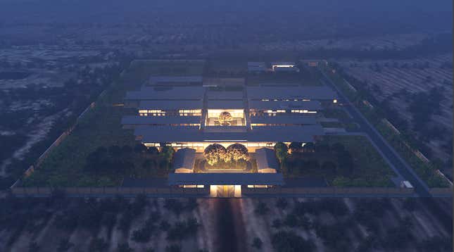 An image of the a rendering showing a night view from an aerial perspective at district hospitals, as part of Ghana's Agenda 111. By Adjaye Associates