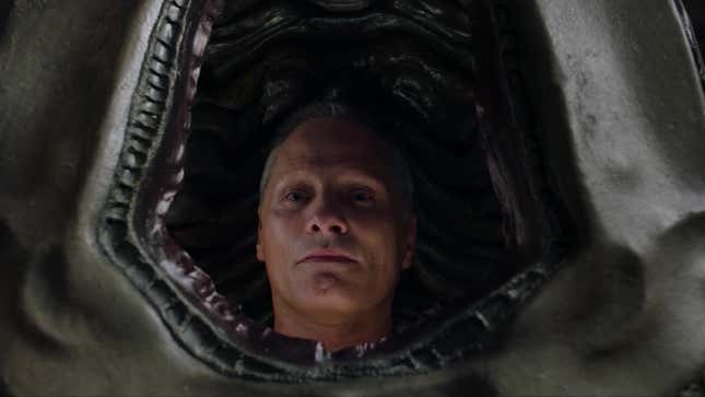 Viggo Mortensn stars enigmatically out of the orifice of a leathery, organic cocoon.