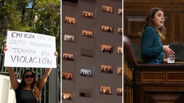 From left, a student protests the event with a sign that reads, “It starts with a machista shout, it ends in violation,” the men inside the dorm at Colegio Mayor Elías Ahúja, and Spain’s Minister of Equality, Irene Montero.