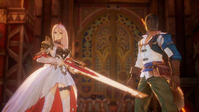 Tales of Arise's two heroes stand in front of a door prepared for battled. 