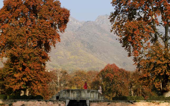 Locals stroll through a garden.