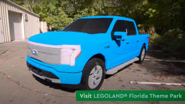 A screenshot of a blue Ford F-150 Lightning made completely out of Lego bricks.