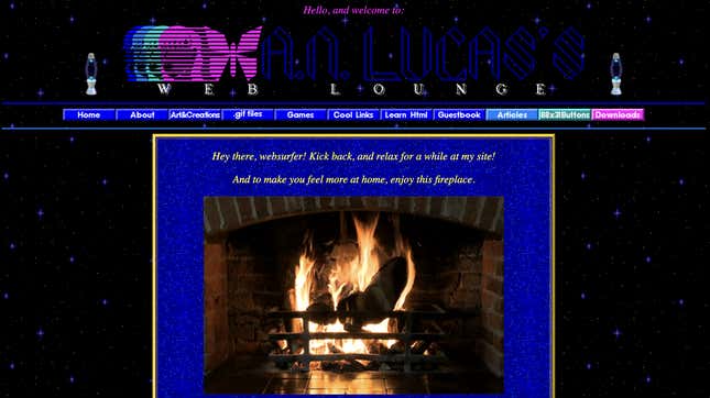 A screenshot of a neocities website featuring garish graphics and a gif of a burning fireplace