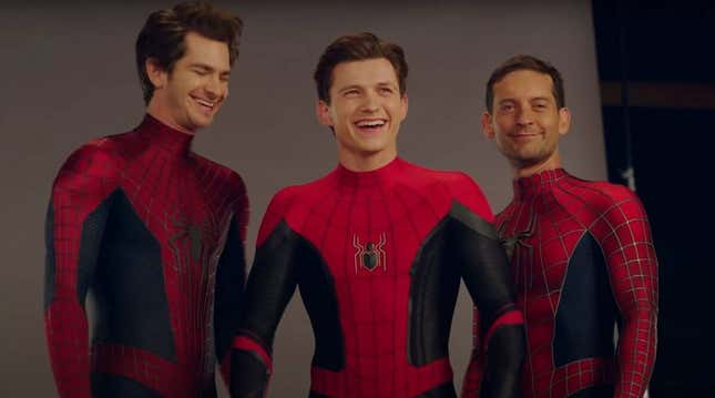 Tobey Maguire, Tom Holland, and Andrew Garfield as Spider-Man in Spider-Man: No Way Home. 