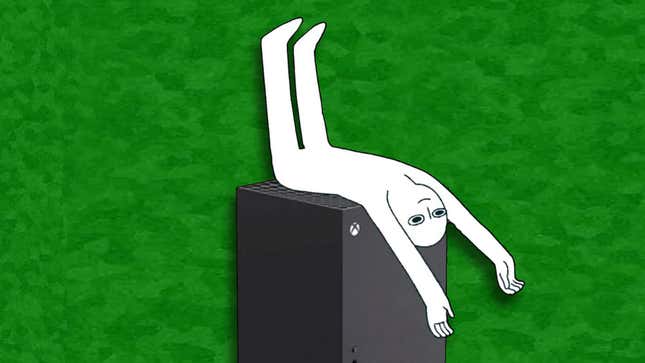 A person lies down on an Xbox Series X.
