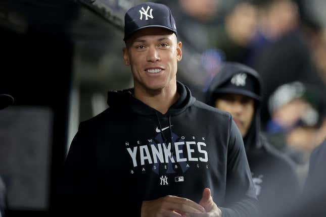 May 3, 2023; Bronx, New York, USA; New York Yankees injured outfielder Aaron Judge (99) in the dugout during the seventh inning against the Cleveland Guardians at Yankee Stadium.