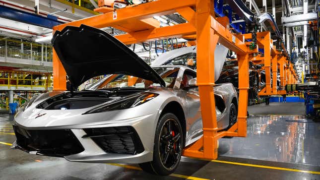 A silver C8 Corvette on the production line at GM's facility in Bowling Green, Kentucky.