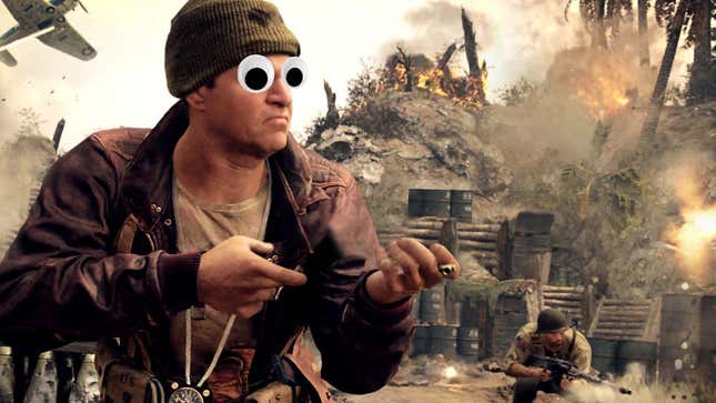 A Call of Duty: Vanguard image showing a googly-eyed soldier shooting an invisible gun.