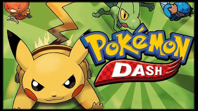 Pikachu, Treecko, Torchic, and Mudkip are seen running alongside the Pokemon Dash logo.