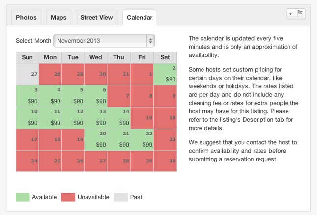 Red = Booked. Green = Available.
