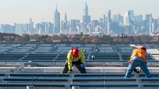 Photo of NYC skyline and solar panels
