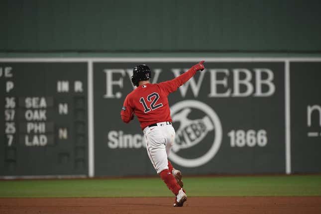 May 2, 2023; Boston, Massachusetts, USA;  Boston Red Sox catcher Connor Wong (12) reacts rounding the bases after hitting a home run during the eighth inning against the Toronto Blue Jays at Fenway Park.