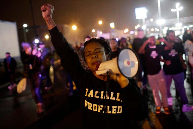 ST. LOUIS, MO - NOVEMBER 23: Demonstrators protest the shooting death of Michael Brown November 23, 2014 in St. Louis, Missouri. Brown, a 18-year-old black male teenager was fatally wounded by Darren Wilson, a white Ferguson Police officer on August 9, 2014.