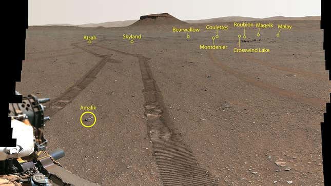 An annotated image by the Perseverance rover showing the location of 10 sample tubes on Mars.