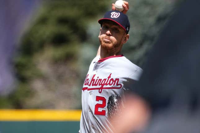 Apr 9, 2023; Denver, Colorado, USA; Washington Nationals starting pitcher Chad Kuhl (26) delivers a pitch in the first inning against the Colorado Rockies at Coors Field.