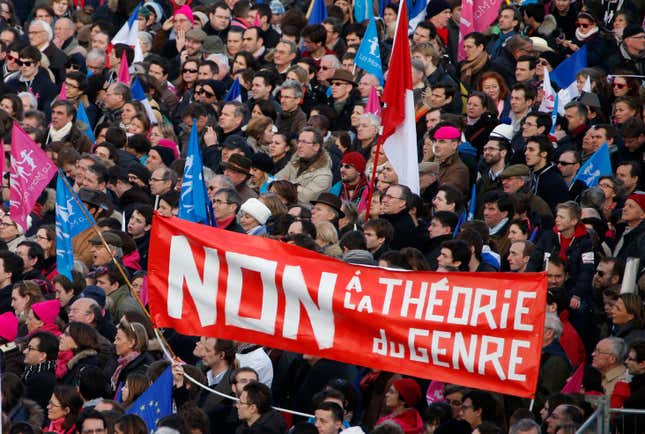 A banner reads "No to Gender Theory" during a protest march against France's legalization of same-sex marriage.