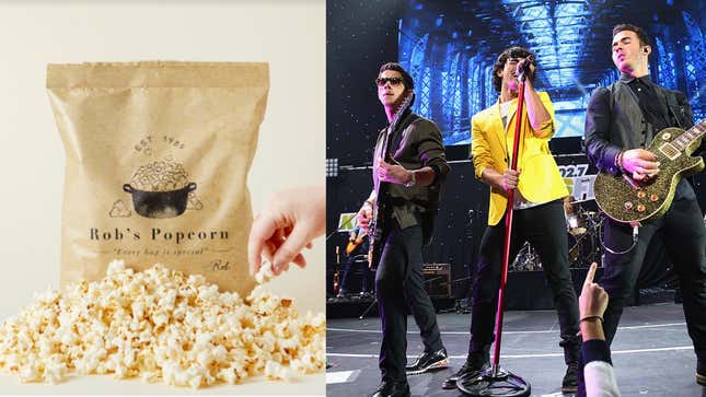 On left: Bag of Rob's Popcorn On right: Jonas Brothers performing on stage