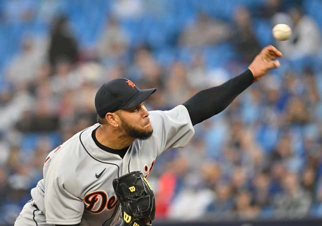 Apr 12, 2023; Toronto, Ontario, CAN;   Detroit Tigers starting pitcher Eduardo Rodriguez (57) delivers a pitch against the Toronto Blue Jays in the first inning at Rogers Centre.