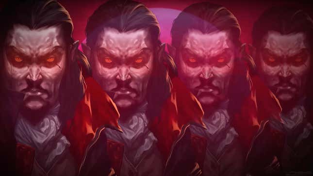 Empat salinan Vampire Survivors maskot vampire berkerut melawan langit merah