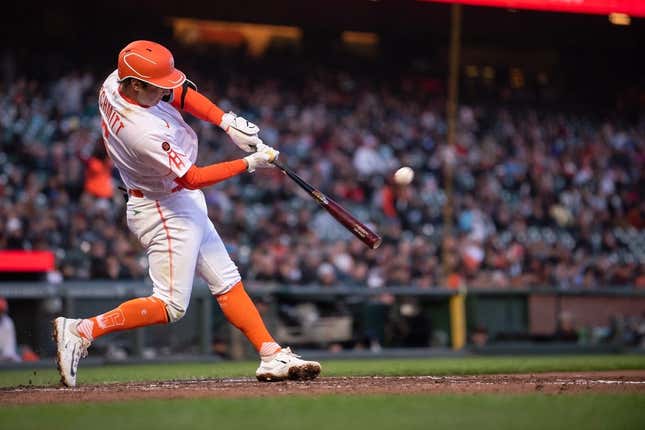 May 9, 2023; San Francisco, California, USA; San Francisco Giants short stop Casey Schmitt (6) hits a home run during the fourth inning in his major league debut against the Washington Nationals at Oracle Park.
