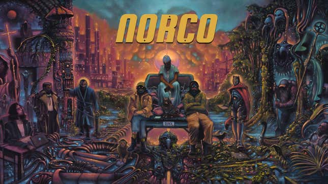 Norco's cast of characters assemble in a dream-like mural for its cover art. 