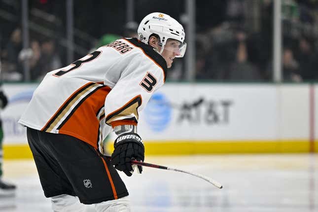 Feb 6, 2023; Dallas, Texas, USA; Anaheim Ducks defenseman John Klingberg (3) prepares to face the Dallas Stars during the second period at the American Airlines Center.