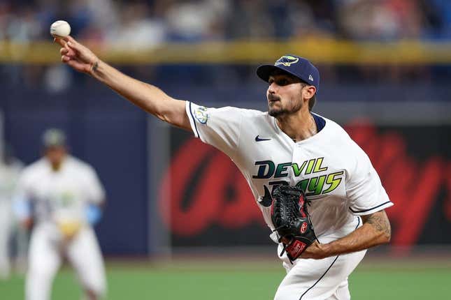 Apr 7, 2023; St. Petersburg, Florida, USA;  Tampa Bay Rays starting pitcher Zach Eflin (24) throws a pitch against the Oakland Athletics in the fourth inning at Tropicana Field.