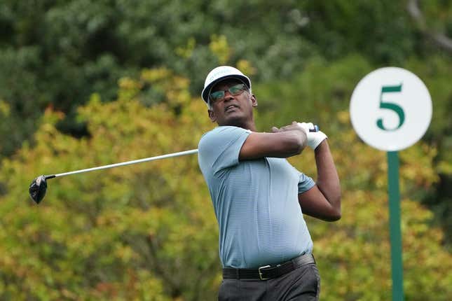 Apr 6, 2023; Augusta, Georgia, USA; Vijay Singh tees off on the fifth hole during the first round of The Masters golf tournament.