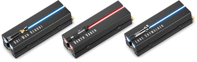 Alle drei Designs der Lightsaber Collection Special Edition FireCuda PCIE Gen4 NVMe-SSDs vor einem weißen Hintergrund.