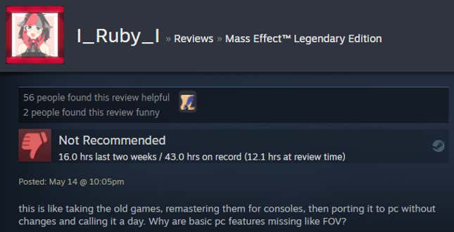 Image for article titled Mass Effect: Legendary Edition, As Told By Steam Reviews