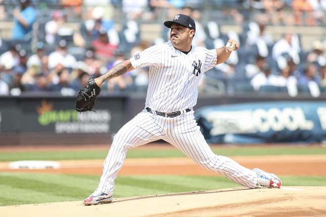 Aug 5, 2023; Bronx, New York, USA;  New York Yankees starting pitcher Nestor Cortes (65) pitches in the first inning against the Houston Astros at Yankee Stadium.