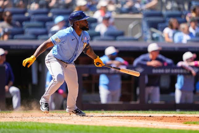 May 14, 2023; Bronx, New York, USA; Tampa Bay Rays left fielder Randy Arozarena (56) against the New York Yankees during the fifth inning at Yankee Stadium.