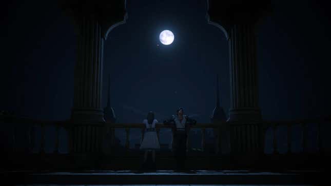 Two characters stand before a full moon.
