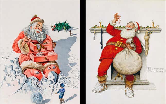 Salvador Dali, Santa with Drawers, c. 1950 and Norman Rockwell, Filling the Stockings, 1955.