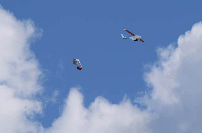 A drone dropping off a package in Rwanda.