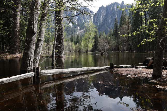 The Merced River at an unusually high water mark in Yosemite National Park on April 29, 2023. 