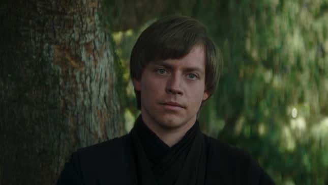 The CG rictus of Luke Skywalker gives Grogu a withering look on a forest planet.