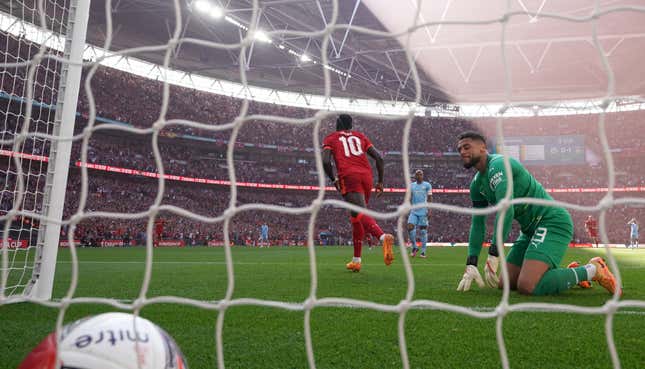Manchester City goalkeeper Zack Steffen reacts after an error leads to Liverpool’s Sadio Mane scoring a goal during the Emirates FA Cup semi final match at Wembley Stadium.