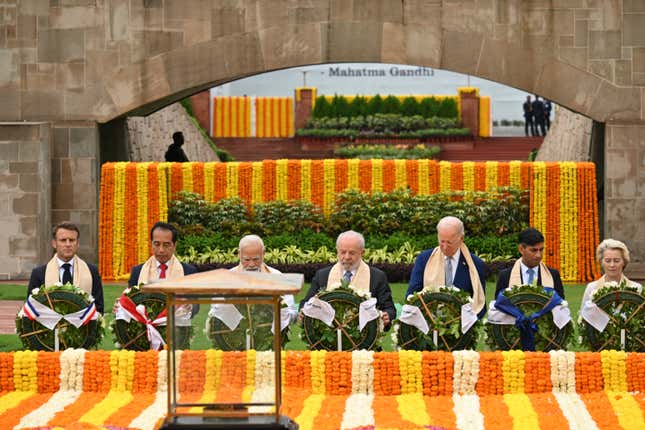 G20 leaders pay their tributes at the Rajghat, a Mahatma Gandhi memorial, in New Delhi, India, Sunday, Sept. 10, 2023. (AP Photo/Kenny Holston, Pool)