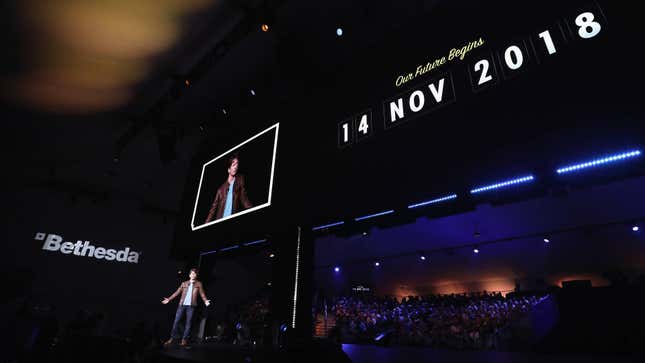 A photo of Todd Howard on the E3 stage with the Fallout 76 launch date displayed.