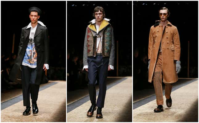 Models wear creations for Prada men's Fall-Winter 2016-2017 collection, part of Milan Fashion Week, unveiled in Milan, Italy, Sunday, Jan. 17, 2016.