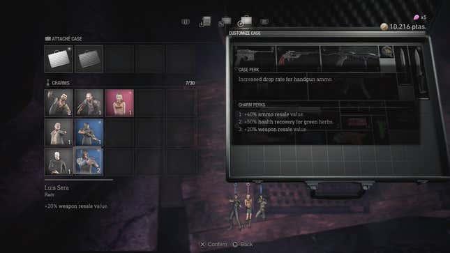 A screenshot from the Resident Evil 4 remake shows charm bonuses.