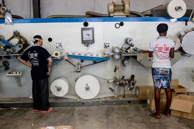 Sanitary napkins made by a Chinese company in the Kigali Special Economic Zone.