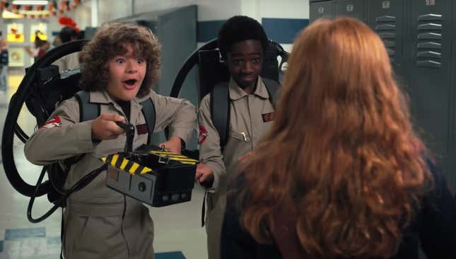 Stranger Things kids Dustin and Lucas dressed as Ghostbusters.